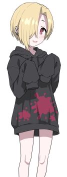 1girl black_hoodie blonde_hair blush bottomless child commentary cowboy_shot ear_piercing hair_over_one_eye halulu highres hood hoodie idolmaster idolmaster_cinderella_girls looking_at_viewer one_eye_covered open_mouth piercing red_eyes shirasaka_koume short_hair simple_background sleeves_past_fingers sleeves_past_wrists smile solo symbol-only_commentary tareme white_background