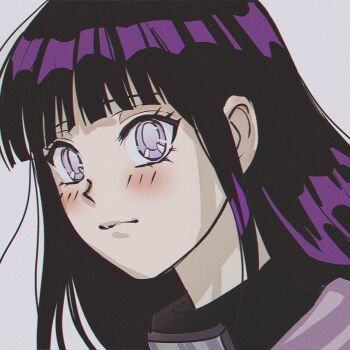 1990s_(style) 1girl chromatic_aberration commentary_request film_grain forehead_protector highres hyuuga_hinata light_smile naruto_(series) naruto_shippuuden notane_n portrait purple_eyes purple_hair retro_artstyle solo