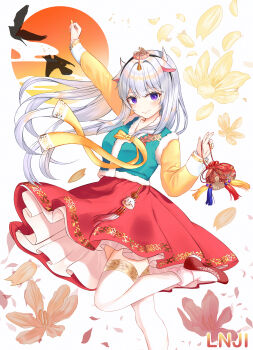 1girl absurdres bird blush commentary_request flower hanbok highres horns korean_clothes lnji_(rnlwls34) long_hair original petals purple_eyes smile tassel thighhighs white_hair white_thighhighs