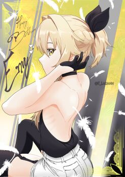 1boy backless_outfit bare_back bare_shoulders black_bow black_choker black_gloves black_tank_top black_thighhighs blonde_hair bow choker envy_elika_(koyashaka) expressionless f_lagann feathers from_behind garter_straps gloves hair_bow happy_birthday highres original pocket ponytail short_ponytail shorts skinny tank_top thighhighs thighs trap white_shorts yellow_eyes