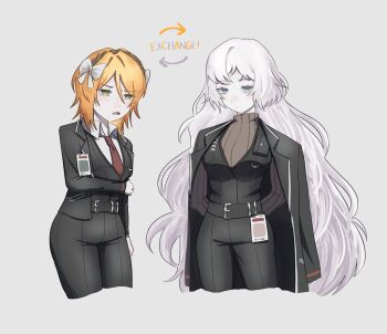 0n1ku_n1ku 2girls alternate_hairstyle arms_behind_back belt black_belt black_coat black_jacket black_pants black_vest bow brown_hairband brown_sweater closed_mouth coat coat_on_shoulders commentary cowboy_shot faust_(project_moon) hair_bow hairband hairstyle_switch highres id_card ishmael_(project_moon) jacket lapels limbus_company multiple_girls notched_lapels orange_hair pants project_moon ribbed_sweater short_hair sidelocks simple_background sweater symbol-only_commentary vest white_background white_bow