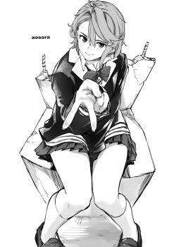1girl absurdres aosora2823 artist_name bow bowtie closed_mouth commentary_request dandadan greyscale hair_between_eyes highres loafers long_sleeves looking_at_viewer monochrome pleated_skirt school_uniform shiratori_aira_(dandadan) shoes short_hair simple_background sitting skirt smile solo thighs white_background