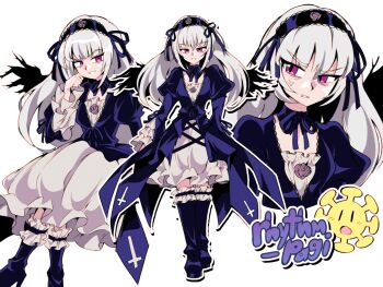 1girl anger_vein angry artist_name black_wings blue_boots blue_choker blue_hairband blue_jacket blunt_bangs boots choker cross-laced_clothes cross-laced_dress dress floral_print flower frilled_dress frilled_hairband frilled_sleeves frills full_body grey_dress grey_hair hairband head_rest high_heel_boots high_heels highres inverted_cross_print jacket juliet_sleeves layered_dress long_hair long_sleeves multiple_views pink_eyes portrait puffy_sleeves rhythm_pagi rose rose_print rozen_maiden smile suigintou thigh_boots v-shaped_eyebrows virus white_background wings