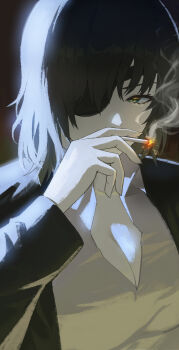 1girl absurdres black_hair black_jacket breasts chainsaw_man cigarette cleavage collared_shirt commentary_request eyepatch green_eyes highres himeno_(chainsaw_man) holding holding_cigarette jacket looking_at_viewer one_eye_covered oro_(lsg0624) revision shirt short_hair smoke smoking solo white_shirt