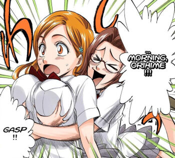 >_< 2girls bleach blush breasts brown_eyes brown_hair closed_eyes deep_skin embarrassed english_text glasses grabbing_another's_breast grey_skirt groping hair_ornament happy honshou_chizuru hug hug_from_behind inoue_orihime karakura_high_school_uniform kubo_tite large_breasts long_hair multiple_girls open_mouth orange_hair pleated_skirt semi-rimless_eyewear shirt skirt speech_bubble surprised sweat sweatdrop tongue under-rim_eyewear upper_body white_shirt