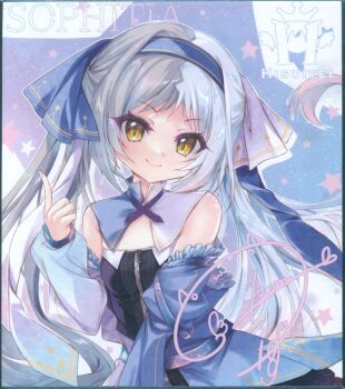 Rule 34 | >:), 1girl, 9-nine-, bare shoulders, black dress, blue dress, blush, breasts, character name, circle name, closed mouth, cowboy shot, detached sleeves, dress, floating hair, frilled sleeves, frills, grey hair, hand up, index finger raised, izumi tsubasu, jpeg artifacts, long hair, long sleeves, looking at viewer, multicolored hair, neck ribbon, official art, parted bangs, purple ribbon, ribbon, scan, shikishi, sidelocks, signature, simple background, slit pupils, small breasts, smile, solo, sophitia, star (symbol), third-party source, twintails, two-tone dress, two-tone hair, v-shaped eyebrows, very long hair, white hair, yellow eyes