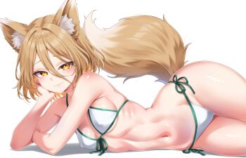 1girl absurdres animal_ear_fluff animal_ears bikini breasts brown_hair covered_erect_nipples fox_ears fox_girl fox_tail hair_between_eyes highres kudamaki_tsukasa leo23 looking_at_viewer medium_breasts navel ribs short_hair side-tie_bikini_bottom simple_background smile solo swimsuit tail touhou white_background white_bikini yellow_eyes