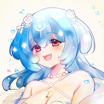 1girl bao_the_whale bare_shoulders blue_hair blush breasts bubble cleavage commentary double-parted_bangs english_commentary hair_between_eyes hair_ornament highres indie_virtual_youtuber jewelry large_breasts long_hair looking_at_viewer necklace open_mouth pearl_necklace red_eyes ryuuxin simple_background smile solo upper_body virtual_youtuber white_background