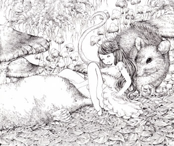 1girl absurdres andersen's_fairy_tales animal black_hair breasts commentary_request curly_hair dress flower forehead hair_flower hair_ornament highres leaf lineart long_hair mole_(animal) molestation monochrome mouse_(animal) mouse_tail mushroom open_mouth pen_(medium) raised_inner_eyebrows sato_(osappun) sitting small_breasts tail thighs thumbelina_(andersen) traditional_media