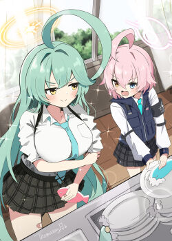 &gt;:) 2girls absurdres abydos_high_school_logo ahoge arm_under_breasts armband black_armband black_skirt blue_archive blue_eyes blue_necktie blush breasts bulletproof_vest closed_mouth collared_shirt cowboy_shot curtains day dishwashing doyagao frown green_hair hair_between_eyes hair_intakes halo heterochromia highres holding holding_sponge hoshino_(blue_archive) hoshino_(first_year)_(blue_archive) huge_ahoge indoors large_breasts long_hair looking_at_another miniskirt multiple_girls necktie official_alternate_hair_length official_alternate_hairstyle pink_hair pink_halo plaid_clothes plaid_skirt pleated_skirt school_uniform shirt short_hair signature skirt smile smug sparkle split_mouth sponge standing thomason366 v-shaped_eyebrows very_long_hair white_shirt window yellow_eyes yellow_halo yume_(blue_archive)