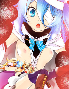 2girls blonde_hair blue_hair boots breasts commentary_request giant giantess holding holding_staff kuromasa_shisei little_witch_nobeta looking_at_another monica_(little_witch_nobeta) multiple_girls nipples nobeta open_mouth red_eyes sharp_teeth small_breasts staff teeth thighhighs