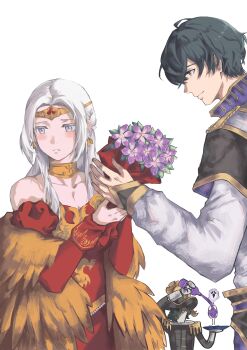 1girl 2boys absurdres bottle bouquet byleth_(fire_emblem) closed_mouth collarbone commentary commentary_request cup dress edelgard_von_hresvelg edelgard_von_hresvelg_(adorned_eagle) english_commentary fire_emblem fire_emblem:_three_houses fire_emblem_heroes flower green_hair hetero highres holding holding_bottle holding_bouquet holding_plate hotaru_lbb hubert_von_vestra hubert_von_vestra_(crimson_schemer) jewelry long_hair long_sleeves looking_at_another male_byleth_(awakened)_(fire_emblem) male_byleth_(enlightened_one)_(fire_emblem) male_byleth_(fire_emblem) mixed-language_commentary multiple_boys nintendo official_alternate_costume plate pouring red_dress short_hair simple_background white_background white_hair