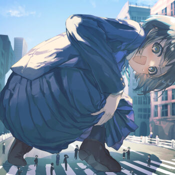 Rule 34 | 1girl, ass, ass focus, black hair, blue jacket, blue skirt, building, commentary request, crosswalk, eokiba, giant, giantess, idolmaster, idolmaster cinderella girls, jacket, otokura yuuki, outdoors, people, pleated skirt, school uniform, skirt, squatting, tiptoes
