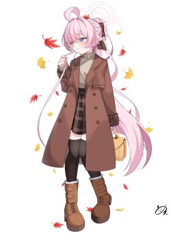 1girl ahoge autumn_leaves bag black_thighhighs blue_archive blue_eyes blush boots bow brown_coat brown_skirt coat full_body fur-trimmed_boots fur_trim hair_bow halo heterochromia highres holding holding_bag hoshino_(blue_archive) leaf long_hair long_sleeves maple_leaf noten_(notententen) open_clothes open_coat pink_hair plaid_clothes plaid_skirt ponytail signature skirt solo standing sweater thighhighs turtleneck turtleneck_sweater very_long_hair white_background yellow_eyes