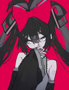 1girl absurdres alternate_color bare_shoulders bow cinnamiku covered_mouth covering_own_mouth detached_sleeves eyelashes eyeliner full_burrrrrrst hair_between_eyes hair_rings hand_over_own_mouth hand_up hatsune_miku highres limited_palette long_hair looking_at_viewer makeup nail_polish number_tattoo quad_tails red_background red_bow red_theme shoulder_tattoo sidelocks simple_background sleeves_past_wrists solo square tattoo upper_body vocaloid white_eyes