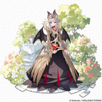 1girl absurdres animal_ears armor artist_request bat_ears bat_girl bat_wings black_dress bush chair choker closed_mouth commentary dress english_commentary fire_emblem fire_emblem_heroes fire_emblem_shadows flower gold_armor grey_hair halo halo_behind_head headpiece highres holding long_sleeves looking_at_viewer nintendo official_art red_choker red_eyes solo table tree vase veronica_(fire_emblem) veronica_(reticent_one)_(fire_emblem) white_hair wings