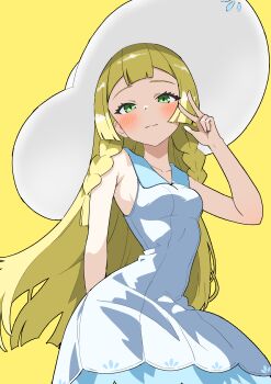 1girl absurdres blonde_hair blush braid closed_mouth collared_dress commentary_request dress eyelashes green_eyes hand_up hat highres lillie_(pokemon) long_hair looking_at_viewer matsuokalive10 nintendo pokemon pokemon_sm simple_background sleeveless sleeveless_dress solo sun_hat w white_dress white_hat yellow_background