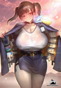 1girl artist_name banknote belt black_belt black_choker black_hair black_pantyhose blue_jacket blue_skirt blunt_bangs breasts choker cleavage closed_mouth cloud commentary contraband covered_erect_nipples cowboy_shot dollar_bill english_commentary goddess_of_victory:_nikke jacket large_breasts looking_at_viewer miniskirt money nightsliice257 open_clothes open_jacket opened_by_self orange_eyes pantyhose shirt short_twintails skirt sky sora_(nikke) thick_thighs thighs twintails white_pantyhose white_shirt