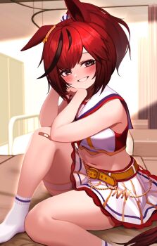 1girl animal_ears bed bed_sheet belt blush brown_eyes brown_hair brown_tail commentary_request curtains highres horse_ears horse_girl horse_tail hoshikuzu_kizuna_(kizuna_stardust) hospital_bed infirmary knee_up looking_at_viewer midriff miniskirt multicolored_hair navel nice_nature_(run_&amp;_win)_(umamusume) nice_nature_(umamusume) on_bed ponytail privacy_screen sailor_collar shirt skirt smile socks solo stomach streaked_hair tail thighs umamusume white_sailor_collar white_shirt white_skirt white_socks yellow_belt