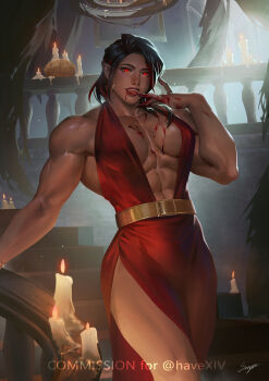 1girl abs absurdres bare_shoulders belt biceps black_hair blood blood_on_breasts blood_on_face blood_on_hands breasts building candle candlelight center_opening chandelier cleavage curtains dark_skin deltoids dress earrings facial_scar fangs final_fantasy final_fantasy_xiv glowing glowing_eyes gold_belt halloween highres indoors jewelry large_breasts lats licking licking_blood licking_finger mansion muscular muscular_female navel pectoral_cleavage pectorals plunging_neckline pointy_ears pumpkin red_dress red_eyes red_streaks revealing_clothes rose_(havexiv) sariya_asa scar scar_on_cheek scar_on_face seductive_smile short_hair slit_pupils smile solo stairs thighs tongue tongue_out vampire