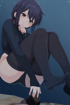 1girl absurdres black_hair black_thighhighs blue_one-piece_swimsuit blush commentary_request diving green_eyes highres idashige_(walkietalkie) legs long_hair long_sleeves one-piece_swimsuit original ponytail skindentation swimsuit thighhighs thighs underwater