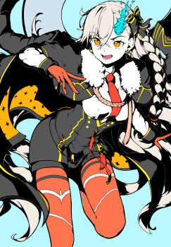 1girl ahoge belt black_coat black_corset blue_fire braid breasts coat corset earrings fate/grand_order fate_(series) fire gloves highres jewelry kamesan231 large_breasts long_hair necktie olga_marie_animusphere olga_marie_animusphere_(unbeast) open_mouth orange_eyes pantyhose red_gloves red_pantyhose shorts tassel very_long_hair white_hair