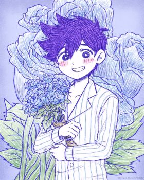 1boy antenna_hair blue_flower blue_pajamas blue_rose blush bouquet bright_pupils collarbone collared_pajamas colored_skin commentary double-parted_bangs english_commentary flower grin hair_between_eyes hero_(headspace)_(omori) hero_(omori) highres holding holding_bouquet long_sleeves looking_at_viewer male_focus omori open_mouth pajamas purple_eyes purple_hair rose setosexual short_hair smile solo striped_clothes striped_pajamas teeth two-tone_pajamas upper_body vertical-striped_clothes vertical-striped_pajamas white_pajamas white_pupils white_skin