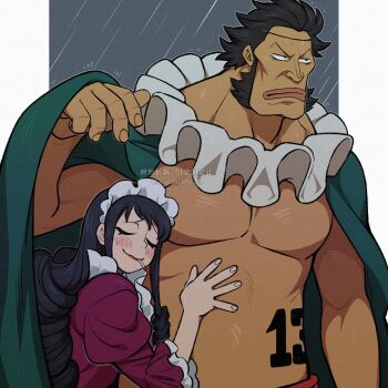 Rule 34 | 1boy, 1girl, absurdres, artist name, baby 5, black hair, blush, blush stickers, cape, cigarette, closed eyes, closed mouth, commentary, dress, drill hair, drill sidelocks, eyelashes, frilled sleeves, frills, frown, green cape, hand up, highres, hug, husband and wife, juliet sleeves, kageimo, long hair, long sleeves, maid headdress, number tattoo, one piece, pectorals, puffy sleeves, purple dress, rain, raised eyebrows, sai (one piece), shielding another from rain, short hair, sideburns, sidelocks, smile, untranslatable commentary, tattoo, thick neck, three-quarter sleeves, twitter username, v-shaped eyebrows, watermark