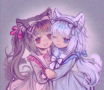 2girls :3 aged_down animal_ear_fluff animal_ears blue_bow blue_dress blue_eyes bow brown_hair buttons cat_ears cat_girl cat_tail child chocola_(nekopara) dress gh0sttnacht hair_bow hairband headband heart heart_button highres hug long_hair looking_at_viewer low_twintails multiple_girls nekopara one_eye_closed open_mouth orange_eyes paw_pose pink_bow pink_dress ribbon siblings sisters slit_pupils smile tail twins twintails vanilla_(nekopara) very_long_hair white_hair wink