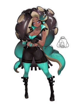 1girl alternate_costume breasts dark-skinned_female dark_skin large_breasts little_blood marina_(splatoon) simple_background solo splatoon_(series) splatoon_2 white_background