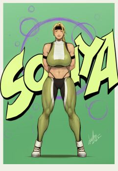 1girl blonde_hair breasts devilhs female_focus full_body headband highres huge_breasts mortal_kombat_(series) navel shoes solo sonya_blade tagme toned toned_female white_shoes