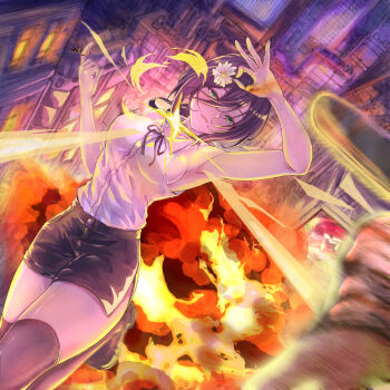 1boy 1girl absurdres battle black_ribbon black_shorts black_thighhighs breasts building chainsaw_man city closed_mouth commentary denji_(chainsaw_man) explosion flower green_eyes grenade_pin hair_between_eyes hair_flower hair_ornament highres large_breasts looking_at_viewer neck_ribbon purple_hair reze_(chainsaw_man) ribbon shirt shirt_tucked_in short_shorts shorts sideboob sleeveless sleeveless_shirt solo_focus thighhighs white_flower zone25388591