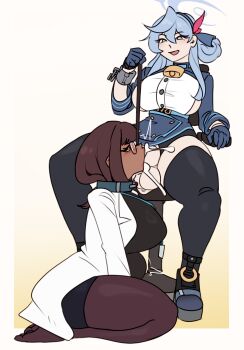 2girls absurdres ako_(blue_archive) blue_archive blue_eyes blue_hair breasts brown_hair character_request collar commission cum dark-skinned_female dark_skin fellatio full_body futa_with_female futanari glasses gloves hair_between_eyes highres holding holding_leash large_breasts large_penis leash long_sleeves multiple_girls open_mouth oral pantyhose penis seiza sideboob sitting sunk118 testicles thighhighs white_background