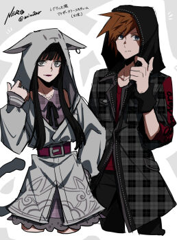 Rule 34 | 1boy, 1girl, alternate color, animal hood, belt, black hair, black jacket, cat hood, dress, eme (204), grey eyes, hime cut, hood, hoodie, jacket, light smile, long hair, orange hair, plaid clothes, plaid dress, plaid jacket, purple dress, red shirt, sailor collar, sailor dress, sakuraba neku, sakurane shoka, shin subarashiki kono sekai, shirt, spiked hair, subarashiki kono sekai, sweatband, white hoodie