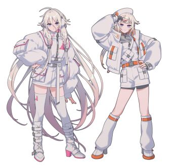 2girls absurdres ahoge beret blonde_hair boots braid character_request commentary_request copyright_request fingerless_gloves gloves hat high_heel_boots high_heels highres lemontea multiple_girls purple_eyes shorts socks thighhighs twin_braids white_background white_hair white_socks white_thighhighs