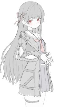 1girl arm_cutout black_choker black_hair black_jacket black_serafuku black_shirt black_skirt blush chisa_(wuthering_waves) choker clothing_cutout commentary_request hair_ribbon jacket long_hair long_sleeves looking_at_viewer mole mole_under_eye neckerchief red_eyes red_neckerchief red_ribbon ribbon ryuudog sailor_collar school_uniform serafuku shirt simple_background sketch skirt solo steepled_fingers tacet_mark_(wuthering_waves) thigh_strap white_background white_sailor_collar wuthering_waves