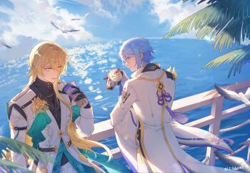 2boys against_railing arm_guards armor bird black_gloves blonde_hair blue_eyes blue_hair bubble_tea cloud cloudy_sky coat cup disposable_cup double-parted_bangs drinking_straw elekaido genshin_impact gloves green_eyes hair_between_eyes half_gloves highres holding honkai:_star_rail honkai_(series) ishida_akira_(voice_actor) japanese_armor kamisato_ayato long_hair long_sleeves looking_at_another low-tied_long_hair luocha_(honkai:_star_rail) mole mole_under_mouth multiple_boys ocean open_mouth palm_tree pants railing seagull shoulder_armor sidelocks sideways_glance sky sode tree very_long_hair voice_actor_connection white_coat white_pants wide_sleeves