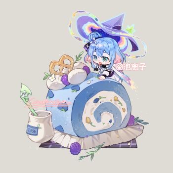 1girl :d artist_name blue_eyes blue_hair blue_hat cake chibi chilizi colored_inner_hair commission cup dress food food_focus grey_background hair_bun hand_up hat highres mulberry multicolored_hair on_food open_mouth oversized_food oversized_object pink_hair short_hair single_side_bun smile solo swiss_roll wangzhe_rongyao white_dress witch_hat xiao_qiao_(wangzhe_rongyao)
