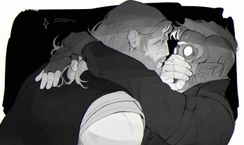 2boys armor arms_around_neck beard cape commentary couple covering_another's_mouth facial_hair fingerless_gloves gloves greyscale guardians_of_the_galaxy hashtag-only_commentary jacket limach-an long_hair male_focus marvel mask monochrome multiple_boys muscular muscular_male peter_quill profile short_hair star-lord symbol-only_commentary thor_(marvel) thor_(marvel)_(series) upper_body yaoi