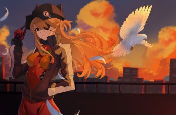 1girl absurdres bandages bird black_hat blue_eyes bodysuit breasts city cloud cloudy_sky evangelion:_3.0_you_can_(not)_redo eyepatch feathers hand_in_pocket hat hat_with_ears highres jacket jiabingkele long_hair mecha_pilot_suit medical_eyepatch neon_genesis_evangelion orange_hair plugsuit_(evangelion) rebuild_of_evangelion red_bodysuit red_jacket sky souryuu_asuka_langley sunset