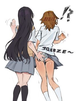 !? 2girls akiyama_mio black_hair black_socks brown_hair brown_vest clothes_lift commentary english_commentary grabbing_another&#039;s_ass grey_skirt groping highres k-on! kneehighs long_hair maya_(daydreambonsai) multiple_girls panties shirt short_sleeves skirt skirt_lift socks striped_clothes striped_panties tainaka_ritsu trembling underwear vest white_shirt white_socks yuri