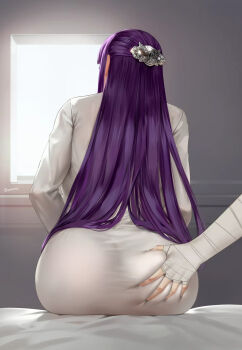 1boy 1girl 2girls arm_wrap ass ass_focus back bandaged_arm bandaged_hand bandages blush breasts dress easonx facing_away fern_(sousou_no_frieren) from_behind grabbing_another&#039;s_ass groping hair_ornament hetero indoors long_hair long_sleeves multiple_girls on_bed purple_hair sitting solo solo_focus sousou_no_frieren stark_(sousou_no_frieren) straight_hair very_long_hair white_dress window yuri