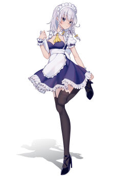 1girl absurdres apron ascot black_shoes black_thighhighs blue_dress bow braid chinese_commentary cleavage_cutout closed_mouth clothing_cutout commentary_request dress frilled_skirt frills full_body garter_straps grey_eyes hair_bow high_heels highres holding holding_plate izayoi_sakuya looking_at_viewer maid maid_apron maid_headdress medium_hair murasaki_satori plate puffy_short_sleeves puffy_sleeves shadow shirt shoes short_sleeves skirt solo standing standing_on_one_leg thighhighs touhou twin_braids variant_set white_apron white_background white_bow white_hair white_shirt wrist_cuffs yellow_ascot