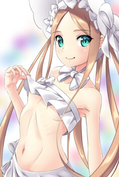 1girl abigail_williams_(fate) abigail_williams_(swimsuit_foreigner)_(fate) abigail_williams_(swimsuit_foreigner)_(third_ascension)_(fate) alternate_eye_color aqua_eyes bare_shoulders bikini blonde_hair bonnet bow breasts commentary_request fate/grand_order fate_(series) forehead gradient_background koyohi_choro long_hair looking_at_viewer multiple_hat_bows navel small_breasts smile solo swimsuit white_bonnet white_bow