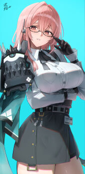 1girl absurdres adjusting_eyewear armor belt black_belt black_gloves black_skirt blue_background breasts earpiece glasses gloves hana_hebi high-waist_skirt highres large_breasts long_hair looking_at_viewer parted_lips pencil_skirt pink_eyes pink_hair shirt shoulder_armor skirt solo tsukishiro_yanagi white_shirt zenless_zone_zero