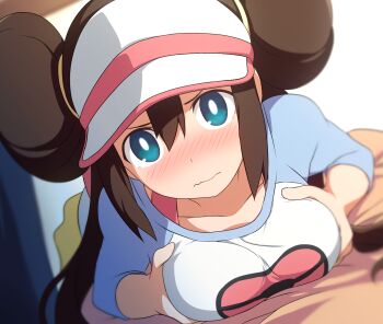 1girl blue_eyes blurry blurry_background blush breasts brown_hair closed_mouth collarbone commentary_request curakuru double_bun grabbing_own_breast hair_between_eyes hair_bun highres large_breasts nintendo nose_blush paizuri_gesture pokemon pokemon_bw2 pov raglan_sleeves rosa_(pokemon) shirt solo_focus strap textless_version visor_cap wavy_mouth white_shirt