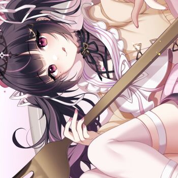 1girl black_hair black_ribbon blazer commission commissioner_upload cutout frills giant_fork hair_ribbon highres himemiya_rie himemiya_rie_(1st_costume) holding jacket kiyochii licking_lips multicolored_hair neck_ribbon phase_connect pink_hair pink_nails pink_skirt red_eyes ribbon school_uniform sideways skeb_commission skirt solo streaked_hair thighhighs tongue tongue_out twintails virtual_youtuber white_ribbon white_thighhighs
