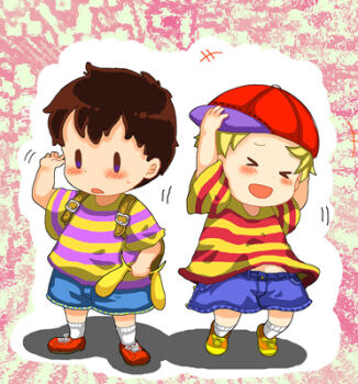 2boys artist_request black_hair blush child hat hay lucas_(mother_3) male_focus mother_(series) mother_2 mother_3 multiple_boys ness_(mother_2) nintendo shirt smile source_request striped_clothes striped_shirt super_smash_bros.