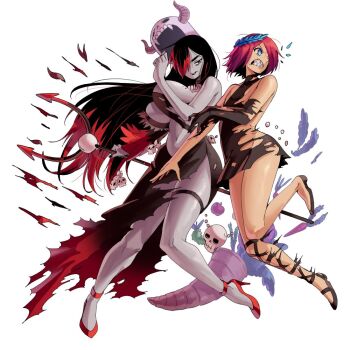 1boy 1girl apple battle_damage bident black_dress black_hair black_lips black_nails blue_eyes breasts carrot colored_skin cornucopia crossdressing crossdressing_(mtf) dress elbow_gloves fake_horns fingernails fire_emblem fire_emblem_heroes food frown fruit full_body gloves grapes greek_mythology grey_skin hades_(wanderjegson) hair_over_one_eye hand_up helmet high_heels holding holding_polearm holding_weapon horned_helmet horns husband_and_wife large_breasts laurel_crown lipstick long_hair makeup mole mole_on_breast multicolored_hair multiple_moles nail_polish navel nintendo original parody persephone_(wanderjegson) pink_hair plunging_neckline polearm purple_hair red_hair red_shoes sharp_teeth shoes short_dress short_hair side_slit skull-shaped_hat skull_belt skull_on_head sleeveless sleeveless_dress smile teeth torn_clothes torn_dress torn_gloves trap two-tone_hair underboob v-shaped_eyebrows wanderjegson weapon