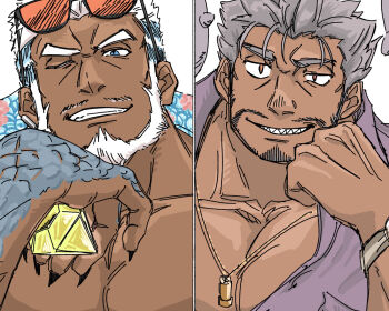 2boys aegir_(housamo) aqua_hair bara beard beard_stubble blue_eyes commentary_request dagon_(housamo) dark-skinned_male dark_skin earrings elbow_rest facial_hair fins fish_boy full_beard gem jewelry large_pectorals looking_at_viewer male_focus mature_male multicolored_hair multiple_boys muscular muscular_male mustache_stubble nameko_no_misoshiru pectoral_cleavage pectorals portrait seductive_smile sharp_teeth short_hair smile split_screen streaked_hair stubble teeth thick_beard tokyo_houkago_summoners uneven_eyes white_background yellow_gemstone
